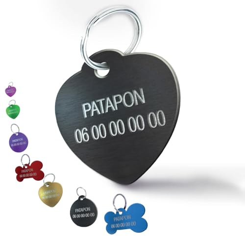 Hundemarke & Katzenmarke graviert personalisiert – Aluminium-Anhänger mit Gravur – Beidseitig gravierbar 3 Zeilen mit Name & Telefonnummer (Großes Herz-31 mm, Schwarz)