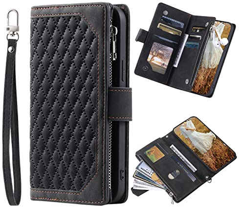 Wuhaizher for iPhone 14 Case Flip Wallet Zip, Black | Phone Cover for Girls Women, Zipper Pocket, Shockproof Bumper Protection, PU Leather, Card Holder, Kickstand, Magnetic
