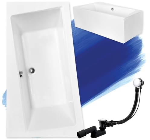 BADLAND Badewanne Original Weiß Acryl Wanne Eckbadewanne INFINITY 160x100 Links KOMPLETTSET SET mit Weiß Acrylschürze + Füßen und Exklusive Chrom Automatik Ablaufgarnitur Made in EU 4in1