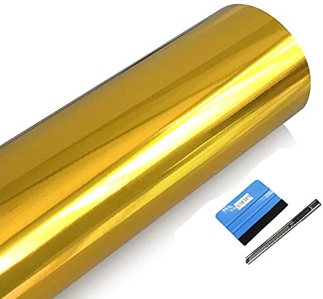 NewL Vinylfolie für Auto, Fahrrad, Karosserieabdeckung, selbstklebend, 50 x 150 cm, Gold | Chrom-Oberfläche, inkl. Montagewerkzeug, hohe Dehnbarkeit, außengeeignet, rückstandsfrei haftend, für Autos und Motorräder