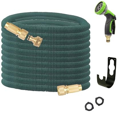 AQUABLADE FlexTube Tubo da Giardino Estensibile con Pistola Multifunzione, Raccordi in Ottone (22,5 M, VERDE SCURO)