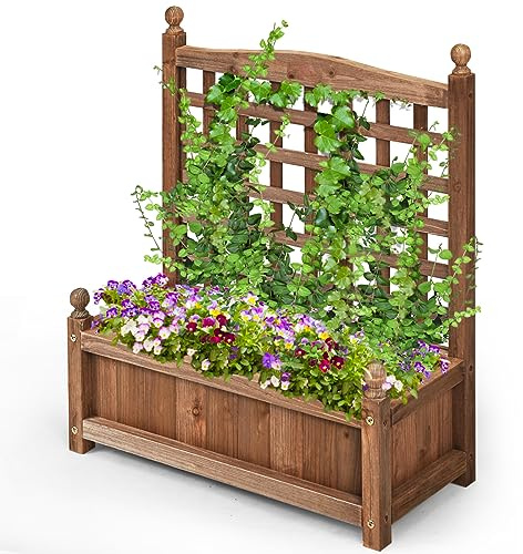 HOMASIS Blumenkasten mit Rankgitter, Hochbeet Gartenbeet Holz mit Spalier & Drainagelöcher, Pflanzkasten für Kletterpflanzen, Pflanzkübel Pflanzgefäß für Balkon Garten Terrasse, 64,5x28x75cm, Braun
