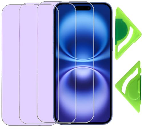 MOTIVE LIFE - Pellicola protettiva anti luce blu per iPhone 16 e iPhone 15 (confezione da 3) con allineamento generale, pellicola protettiva in vetro temperato 9H per iPhone 15 Pro, 15 e 16-6,1