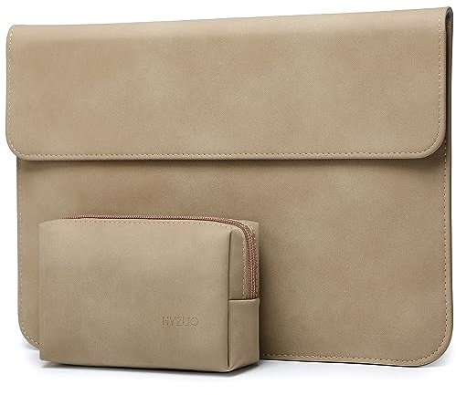 HYZUO 15 Inch Laptop Sleeve Bag for 2025-2023 MacBook Air 15 M4 A3241 M3 A3114 M2 A2941, 15 Surface Laptop 7/6/5/4/3, MacBook Pro 15, Faux Suede Leather Case with Pouch, Khaki-H