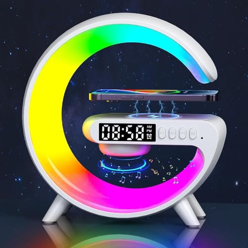 Domigard G Lamp Wireless Bluetooth Speaker Night Lights, Wireless Charger Lamp with Alarm Clocks, RGB Colour Night Light for Bedroom, Dimmable LED, Birthday Gifts Gadgets For Teenage Boys Girls(White)