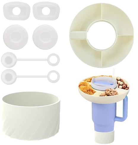 8 Pièces Bol à Collation Set avec Protecteur de Fond de Tasse et Bouchon de Paille,Silicone Gobelet à Collation pour Stanley 40 oz,Plateau à Snacks pour Tasse Stanley 1.0/2.0(Blanc)