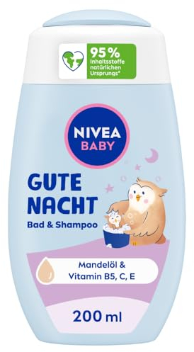 NIVEA BABY Gute Nacht Bad & Shampoo, mildes Babyshampoo & Duschgel mit Mandelöl, Vitamin E, B5 und C, beruhigendes Baby Shampoo mit hypoallergener Formel und hautfreundlichem pH-Wert (200 ml)