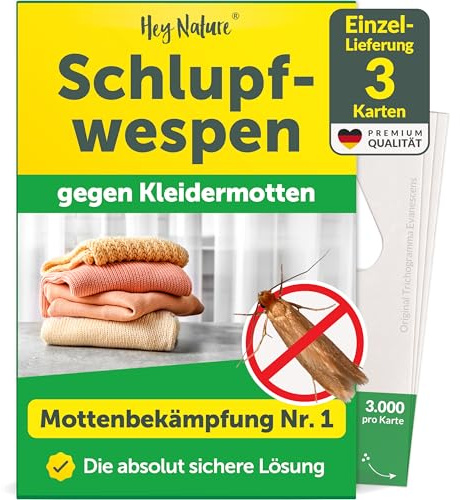 Hey Nature Schlupfwespen gegen Kleidermotten - 3 Karten à 1 Lieferung | Effektiv & natürlich Kleider Motten bekämpfen | Nachhaltiger als Mottenfalle & Mottenspray | Ideal für Kleiderschrank