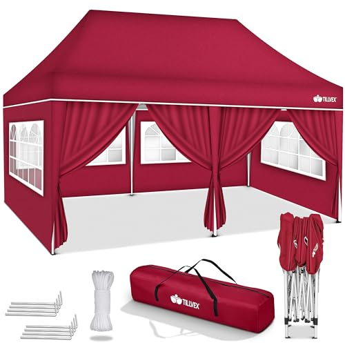 tillvex Gazebo 3x6m da Giardino | Gazebo pieghevole regolabile in altezza | Tenda Pop up impermeabile da protezione UV 50+ | Tenda Padiglione + Sacca di Trasporto (Rosso - con 6 pannelli laterali)