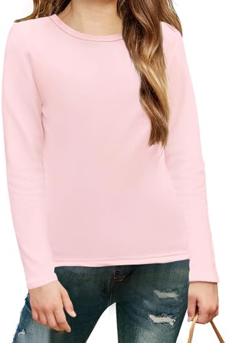 Arshiner Maglietta Termica da Bambina Manica Lunga per Bambini Girocollo Pullover Tinta Unita Top Basic Canottiera a Maniche Lunghe Top Aderente Felpa Autunno Inverno Rosa 9-10 Anni