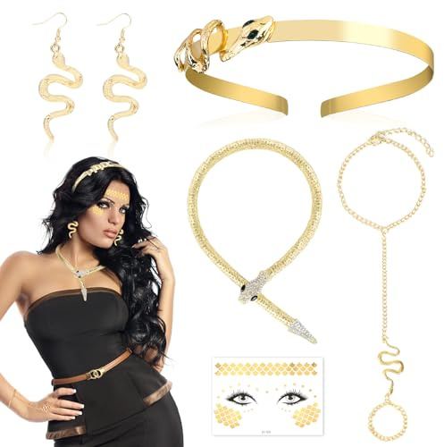DPKOW Medusa Kopfschmuck Haarreif Schlangen Halskette Armband Ohrringe Gesichtstattoo Medusa Kostüm Zubehör Damen, Griechische Göttin Karneval Halloween Kostüme Accessoires Schlange Kostüm Damen