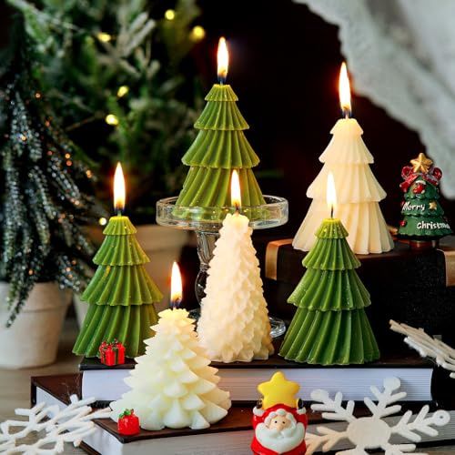 Conelist 6 Pcs Christmas Tree Candles Christmas Tree Shaped Taper Candles Decorative Xmas Wax Scented Candlesticks for Xmas Eve Winter Holiday Home Table Decoration Gift(White,Green,Classic Style)