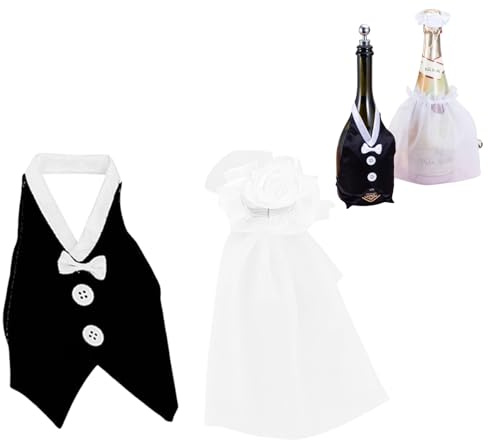 Moguri 2 Stück Hochzeit Weinflaschen Abdeckung Set, Braut und Bräutigam Flaschenkleid, Hochzeitsdekoration für Tische, Weinkleider für Brautparty, Engagement, Hen-Party, Hochzeitstischdeko