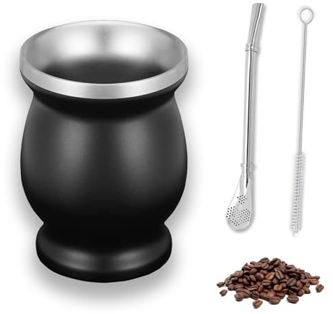 OUTALIZ Stainless Steel Mate Gourd Mug, 260 ml, with Straw Spoon and Cleaning Brush, for Mate Tea, Coffee, Milk and Juice (Black)