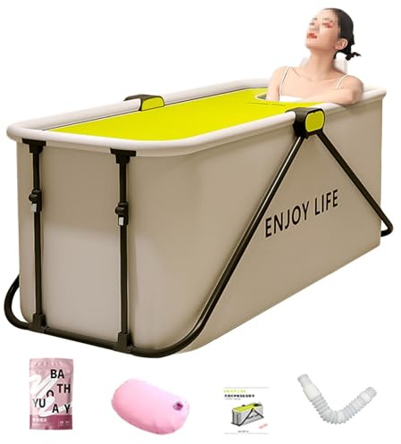 Rektangulärt Bubbelbadkar med Lock, Fällbart Fristående Badkar för Vuxna, Bärbart Badkar med Ryggstöd, Sittdyna, Avloppsslang(150 * 53 * 50cm)