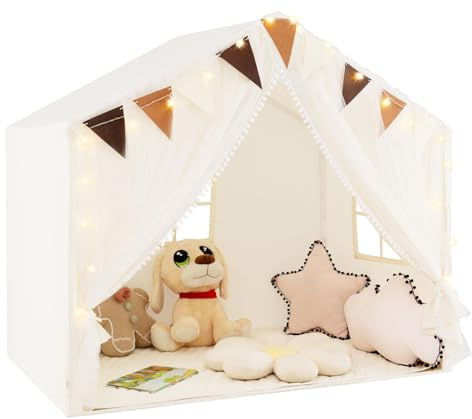 GYMAX Kids Play Tent, Indoor Large Play House with Padded Mat, Door Curtains, Windows, Star Lights & Flags, Toddler Fairy Castle Tent for Girls Boys Gift (Beige) | with Padded Mat, Door Curtains, Windows, Star Lights & Flags, Toddler Fairy Castle Tent for Girls Boys Gift
