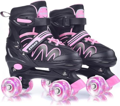 ERNAN Rollschuhe Kinder Verstellbar.komfortabl LED Rollerskates für Jugendliche und Anfänger.4 Größen verstellbar,Rollschuhe für Mädchen,Jungen und Anfänger (Pink, L)