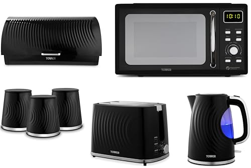 Tower Sonar Black 1.7L 3KW Kettle, 2 Slice Toaster, Bread Bin, Tea, Coffee, Sugar Canisters and T24041BLK 800W 20L Digital Microwave. Stylish Matching Kitchen Set of 7 in Black