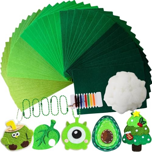 40 Stück Filz zum Basteln,5 Verschiedene Grüne Farben von Bastelfilz 1mm | Filz Grün,20x30cm Filzstoff zum Nähen,Inkl. Nähzubehör,Bastelwatte,Kugelkette,Filzplatten für DIY,Nähen Kinder