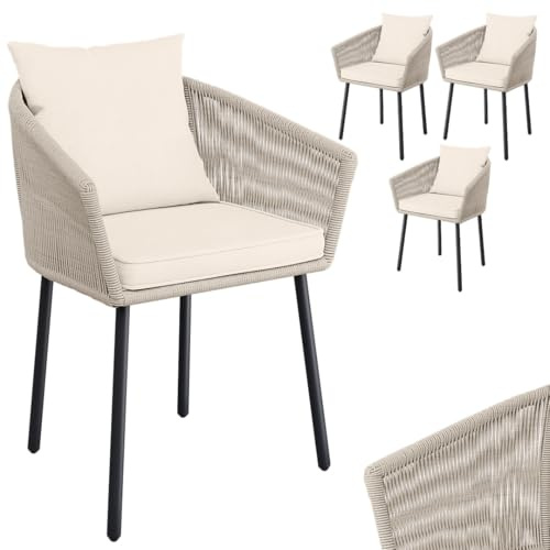 STEELSØN Nair Gartenstühle 4er Set, Beige, Rattan, Kissen, bis 160 kg | Terrassenstuhl, Outdoor Schalenstuhl Garten/Balkon/Terrasse, Loungesessel wetterfest, Metallgestell, Balkonstuhl, Gartenmöbel