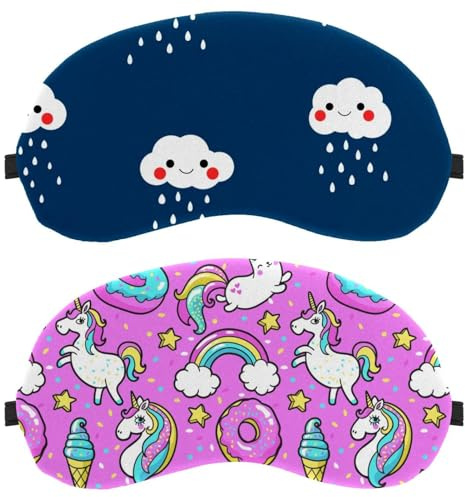 Eslifey Schlafmaske, Einhörner, Donuts, Regenbogen-Konfetti, Comic-Muster, Augenbinde, Schlafmaske, Augenschutz, für Männer und Frauen, Flugzeug, Reisen, 2 Stück