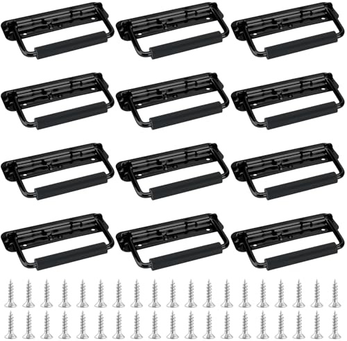 MUNGHOK Lot de 12 poignées pliantes noires - 140 x 40 mm - Poignée de caisse avec ressort intégré - Poignée de transport en métal argenté - Pour boîtes, armoire, boîte à outils