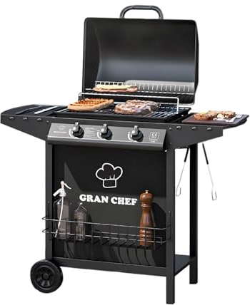 Zendea Barbecue a Gas 3 Fuochi Thomas, Acciaio Nero con Griglia Inox