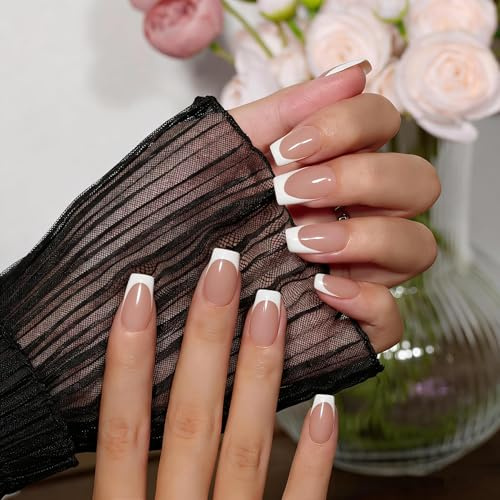 KQueenest Press on Nails Kurz French Tip – Weiß Nägel zum Aufkleben Kurz Mittel Eckig, French Tip Fake Nails, Quadratische Künstliche Nägel Set für Frauen, 30 Stück