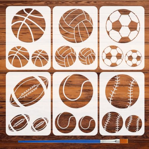 FINGERINSPIRE 6Styles Balls Musterschablonen Mit Einem Pinsel 29.7x21cm Basketball Malschablonen Volleyball Schablonen Fußball Schablonen Haustier Sportthemen Fußballvorlage Für Wand Bodenfliesen