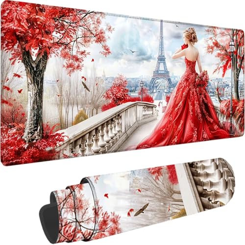 Tapis de Souris Gaming Rouge, Grand Tapis de Souris XXL 1500x800x3 mm, Tour Eiffel Mouse Pad pour Clavier et Bureau, avec Bords Surpiqués et Dos Antidérapant Mousepad for Gamer Gaming Accessoire 7-5