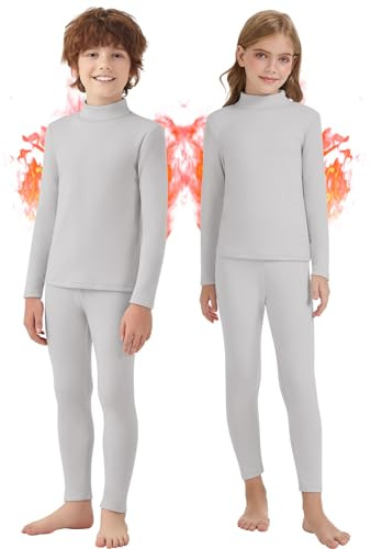 SERSARY Thermounterwäsche Kinder Funktionsunterwäsche Junge Skiunterwäsche Mädchen Winter atmungsaktiv Thermowäsche Set Warm Funktionswäsche Thermo Unterwäsche Thermounterhemd für Kinder,Grau,S