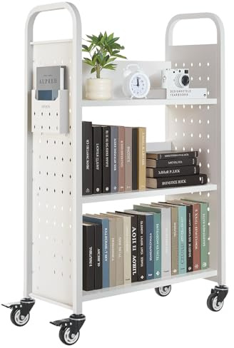VEVOR Carro para Libros de 3 Niveles Estantería de Libros con Ruedas 77 x 38 x 122 cm Estante de Almacenamiento en Forma de L Carro Rodante para Biblioteca, Librería, Oficina, Escuela, Blanco