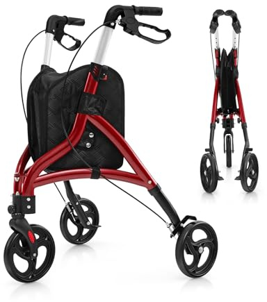 GOPLUS Andador para Ancianos Plegable, Andadores Adultos de Aluminio Ligero con 3 Ruedas para Todo Tipo de Terreno, Caminadores para Mayores con Altura Ajustable y Bolsa de Almacenamiento (Rojo)