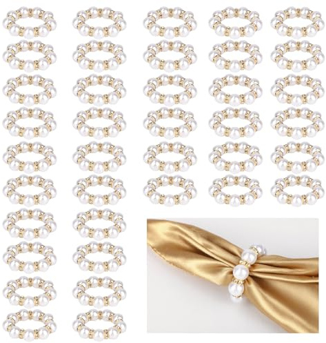 60pcs Pearl Napkin Rings, Gold Imitation Pearl Napkin Holder Beaded Serviette Buckles Home Dinner Table Decor for Wedding Banquet Birthday Party Supplies