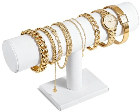 TENINYU Hovering T-Bar Bracelet Necklace Earring Bangle Pendants Anklet Tower Watch Key Jewelry Display Stand for Home Organization (White Leatherette)
