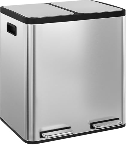 STEELSØN Epsilon Mülleimer 2 Fächer, 2x15L, Edelstahl Silber, Soft-Close | Mülltrennsystem Küche, Tretmülleimer mit Deckel, Abfalleimer, herausnehmbare Inneneimer, Recycling & Restmüll, Mülltrenner