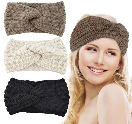 Vinterpannband för Kvinnor, 3 St Kabelstickade Pannband, Varmt Stickat Pannband för Kvinnor, Vinter Öronvärmare Virkade Huvudomslag Thermal Twist Bow Bekväma Mjuka för Tjej Skidåkning Löpning