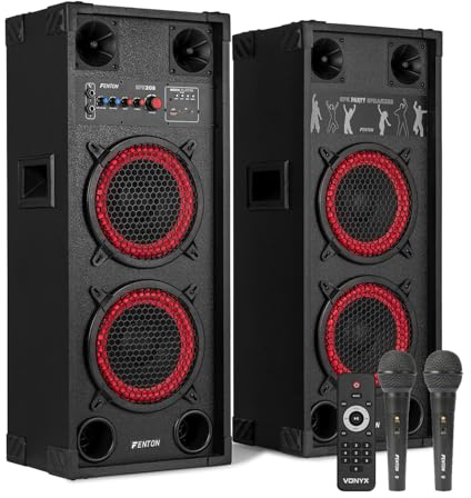 Fenton SPK-208 Active Karaoke Speaker System with Dual Wired Microphones, Powerful 800W Bluetooth Party Speakers, MP3 & USB Playback, Home Audio Karaoke Setup for Adults & Beginners
