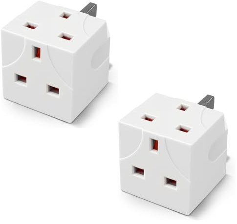 2 Way 3 Pin Power Adapter Plug Splitter 13A Fused Cube Electric Multi Wall Plug Uk Socket Extensions 250V Power Extender For Kitchen Home Office & Indoor Lighting (Pack Of 2)