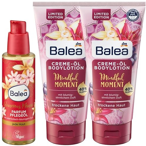 Balea 3er-Set Hautpflege: Pflegeöl Parfum Glamorous Moment duftet orientalisch-blumig mit Mandelöl & Jojobaöl, 100 ml + Creme-Öl Bodylotion Mindful Moment mit 40% pflegenden Ölen, 2 x 200 ml, (500 ml)