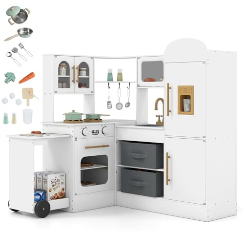 GOPLUS Kinderküche, Spielküche Holz mit Licht & Sound, Eck Puppenküche mit ausziehbarem Wagen, Stoffkörben, Spüle, Herd, Kühlschrank, Ofen & Zubehör, Spielzeugküche für Kinder ab 3 Jahren (Weiß)