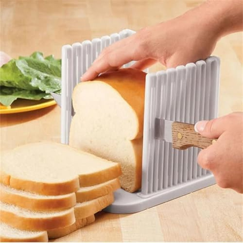 SiSinkal Adjustable Bread Slicer with Crumb Tray for Homemade Bread, Toast, Bagels, Cheese and Vegetables, Foldable Kitchen Cutting Guide Tool - White, 16 x 15 x 14.5cm