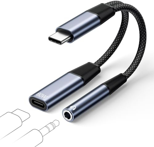 2 en 1 Adaptateur USB C Jack 3.5mm et Chargeur 60W Charge Rapide Adaptateur | Prise Jack USB C Compatible avec iPhone 17Air 16E 17 16 15 Pro Max Plus,iPad Air/Mini,Samsung S25/S24+,Pixel,Huawei,Xiaomi