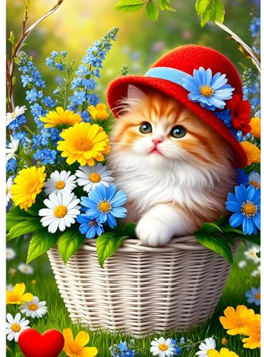 QINRUBB DIY Orangefarbene Katzen Diamant Painting Bilder Anfänger, 5D Blumenkorb Diamond Painting Erwachsene, Runder Vollbohrer Wiesenblumen Diamant Kunst Kits Kreuzstich Home Wand Dekor 30x40 cm