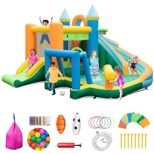 GYMAX Inflatable Water Park, 10 in 1 Kids Bouncy Castle with 2 Slides, Climbing Wall, Water Cannon, Basketball, Football, Ocean Balls & Colorful Rings, Children Jumping House for 3-10 Years Old