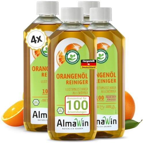 AlmaWin® Orangenölreiniger ÖKO [4x 500ml] ideal als starker Allesreiniger & Fettlöser - Veganes Orangenreiniger Konzentrat in recycelter Flasche - Besonders ergiebiger Orangenöl Reiniger