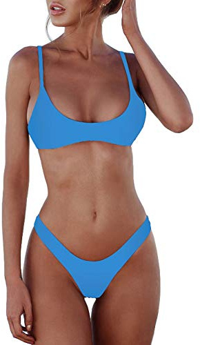 SherryDC Women's Solid Scoop Neck Push up Padded Brazilian Thong Bikini Swimsuit,Lake Blue,(US 2-4) S