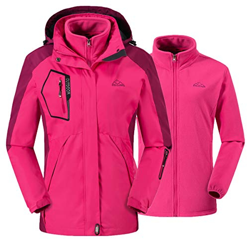 donhobo Damen Ski 3-in-1-Jacke 2 Stück Outdoor Wasserdicht Winddicht Winterjacke Doppeljacke Regenjacke Fleecejacke Wanderjacke Rosarot XS
