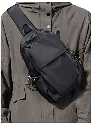 SEAFEW Small Black Sling Crossbody Backpack Shoulder Bag for Men Women, Lightweight One Strap Back Pack Sling Bag Backpack for Hiking Walking Biking Travel Cycling USB Charger Port-Nylon