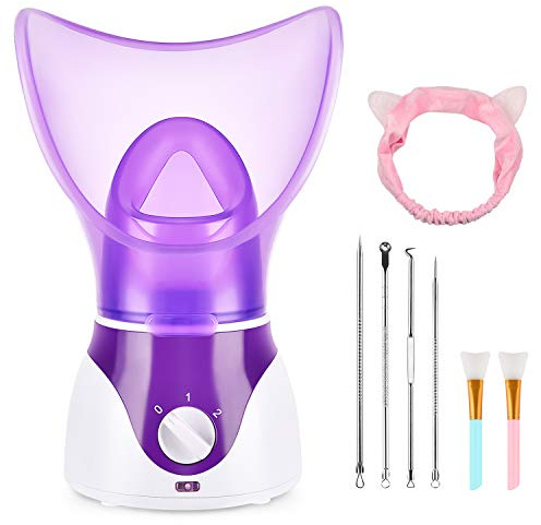 Facial Steamer for Face, Face Steamer for Facial Deep Cleaning, Nano Ionic Facial Steamer for Unclogs Pores, Hydrating (Purple, Include Blackhead Remover Kit, Brush, Headband)